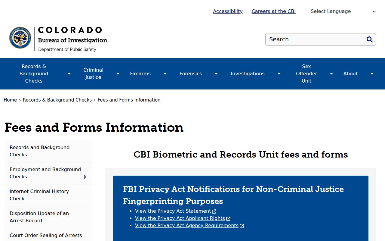 Colorado Bureau of Investigation criminal history fees and forms information