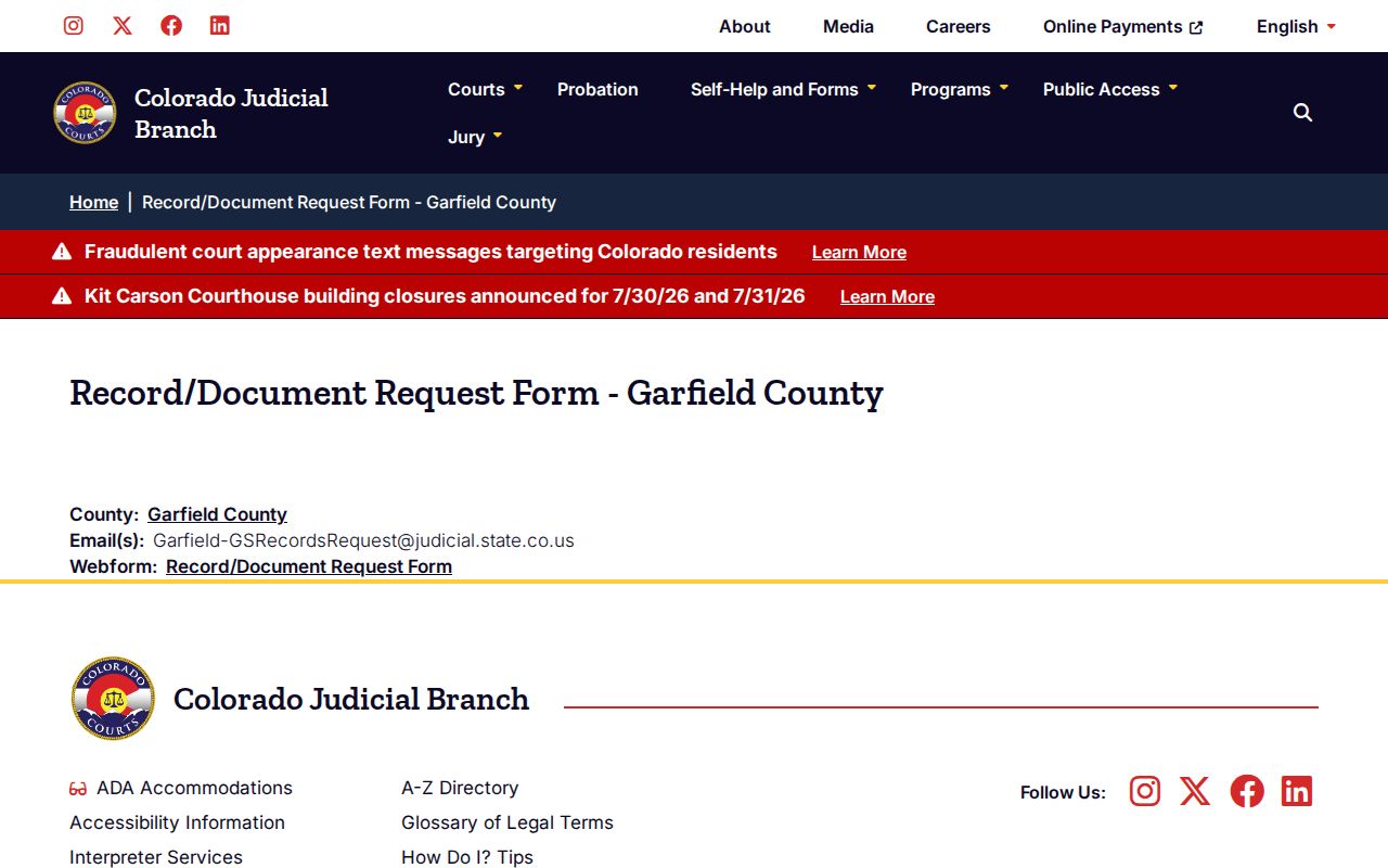 Garfield County criminal court case document request page