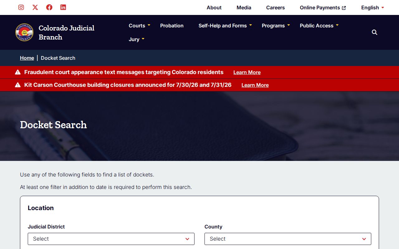 Garfield County court case docket search interface